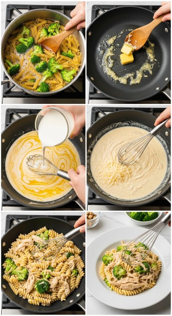 Making Creamy Rotisserie Chicken Broccoli Pasta Step by Step