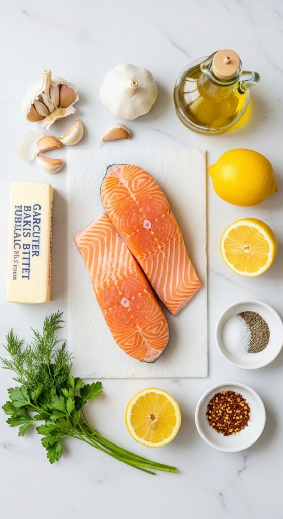 Flat-lay of ingredients for garlic butter salmon including fresh salmon fillets, butter, garlic, lemons, parsley, and olive oil.