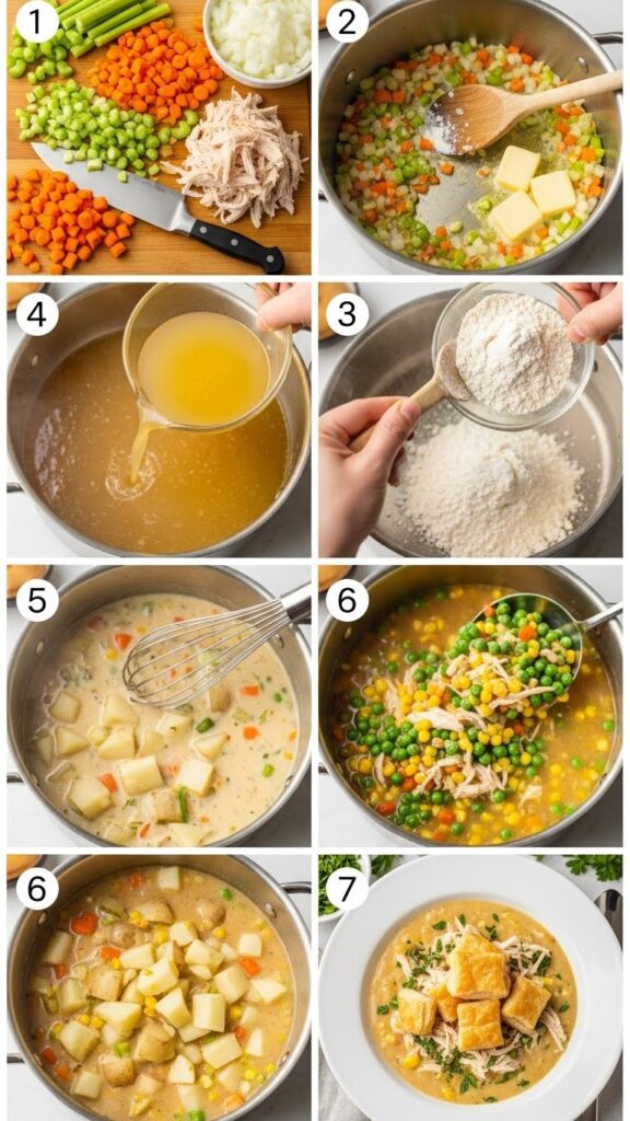 Chicken Pot Pie Soup Recipe Step-by-Step Cooking Process