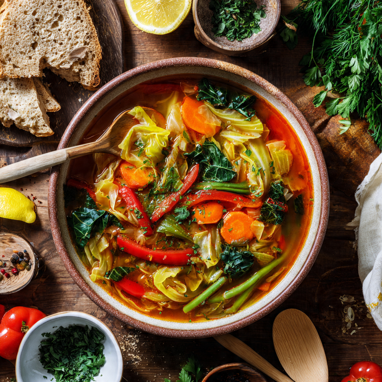 Cabbage Soup in Rustic Bowl with Fresh Vegetables and Herbs