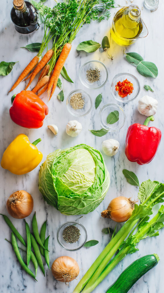 Cabbage Soup Fresh Ingredients and Vegetables Layout