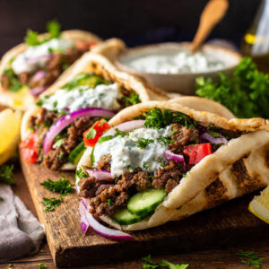 Homemade Ground Lamb Gyros with Fresh Toppings