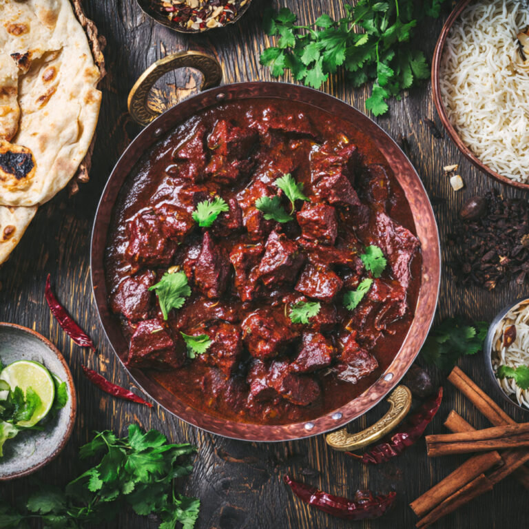 Beef Vindaloo Recipe in Traditional Bowl with Rice and Naan