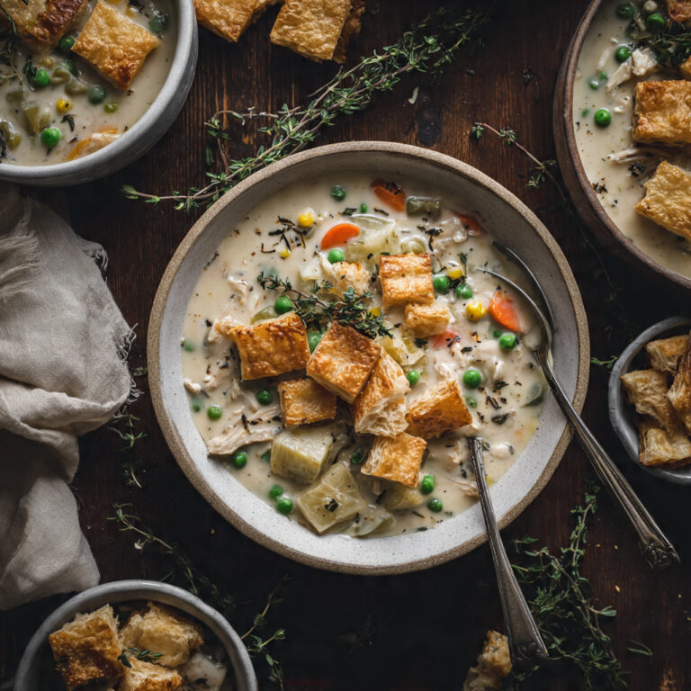 Chicken Pot Pie Soup Recipe in Bowl with Puff Pastry Croutons