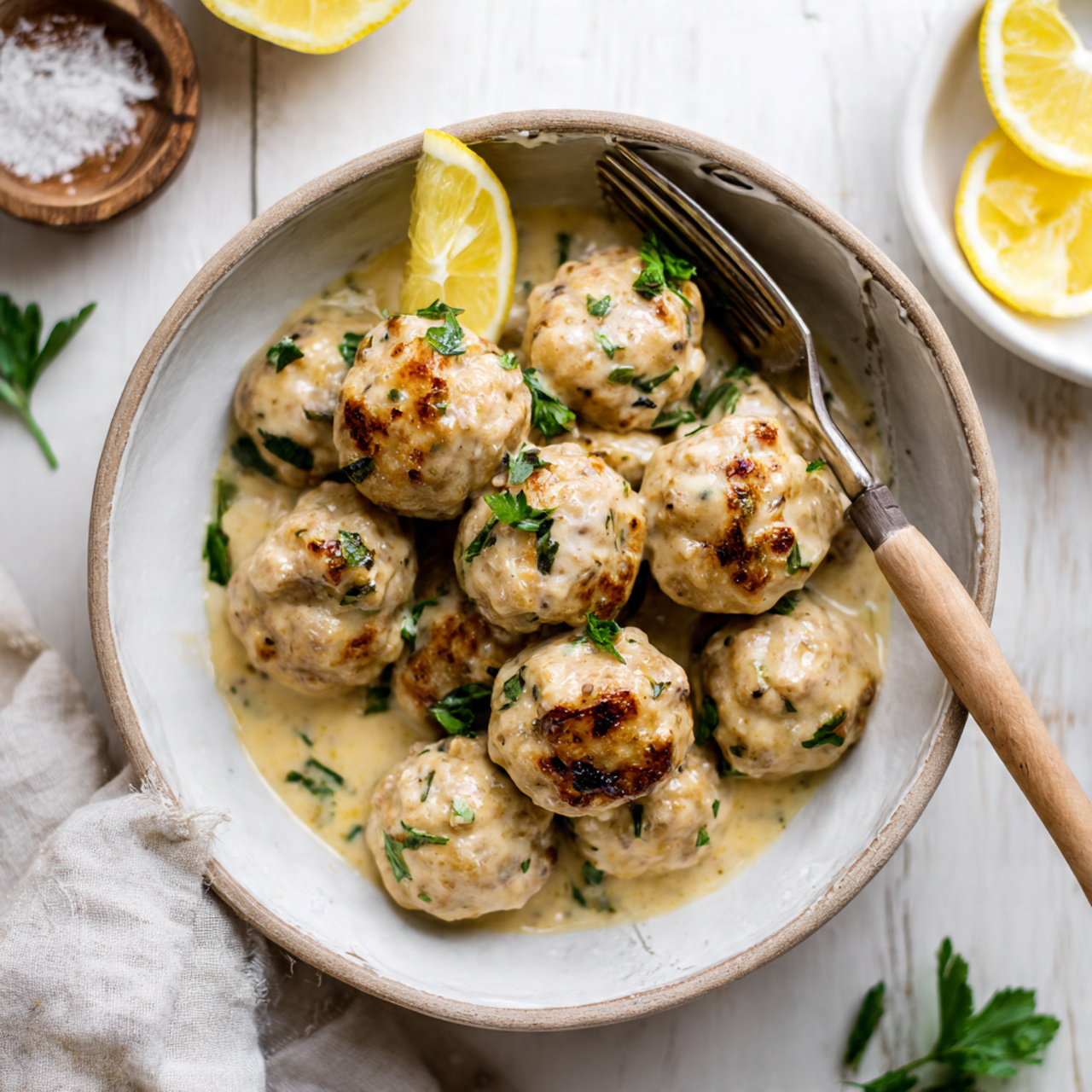 A close-up photo of golden-brown lemon chicken ricotta meatballs in a creamy sauce, garnished with parsley and lemon, served in a white bowl on a wooden table.