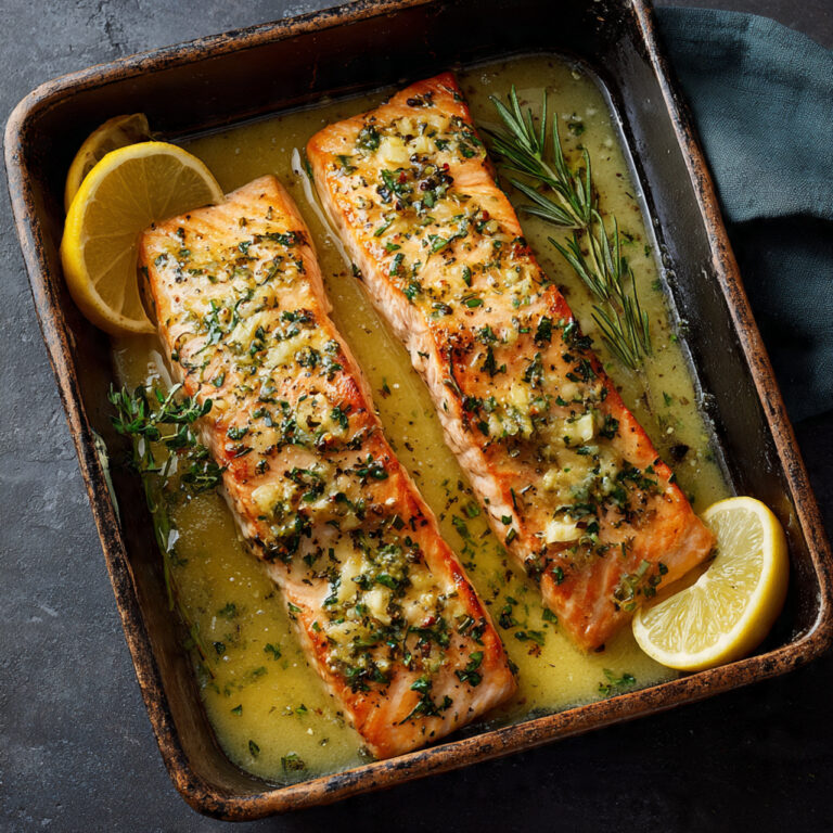 Overhead view of baked salmon fillets in a ceramic dish, covered in a glossy garlic butter sauce with herbs and lemon wedges.