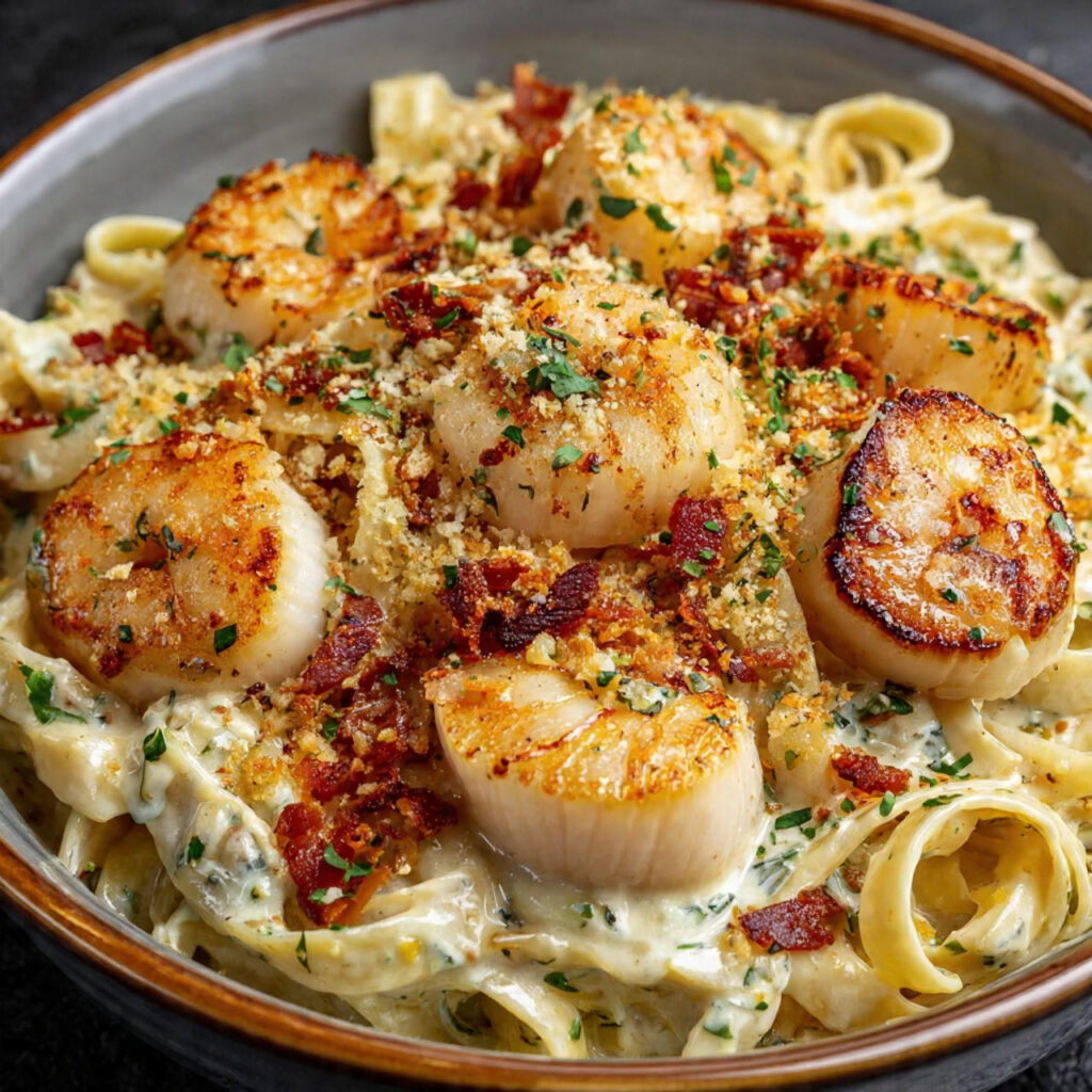 Shrimp and Scallop Pasta in Garlic Cream Sauce