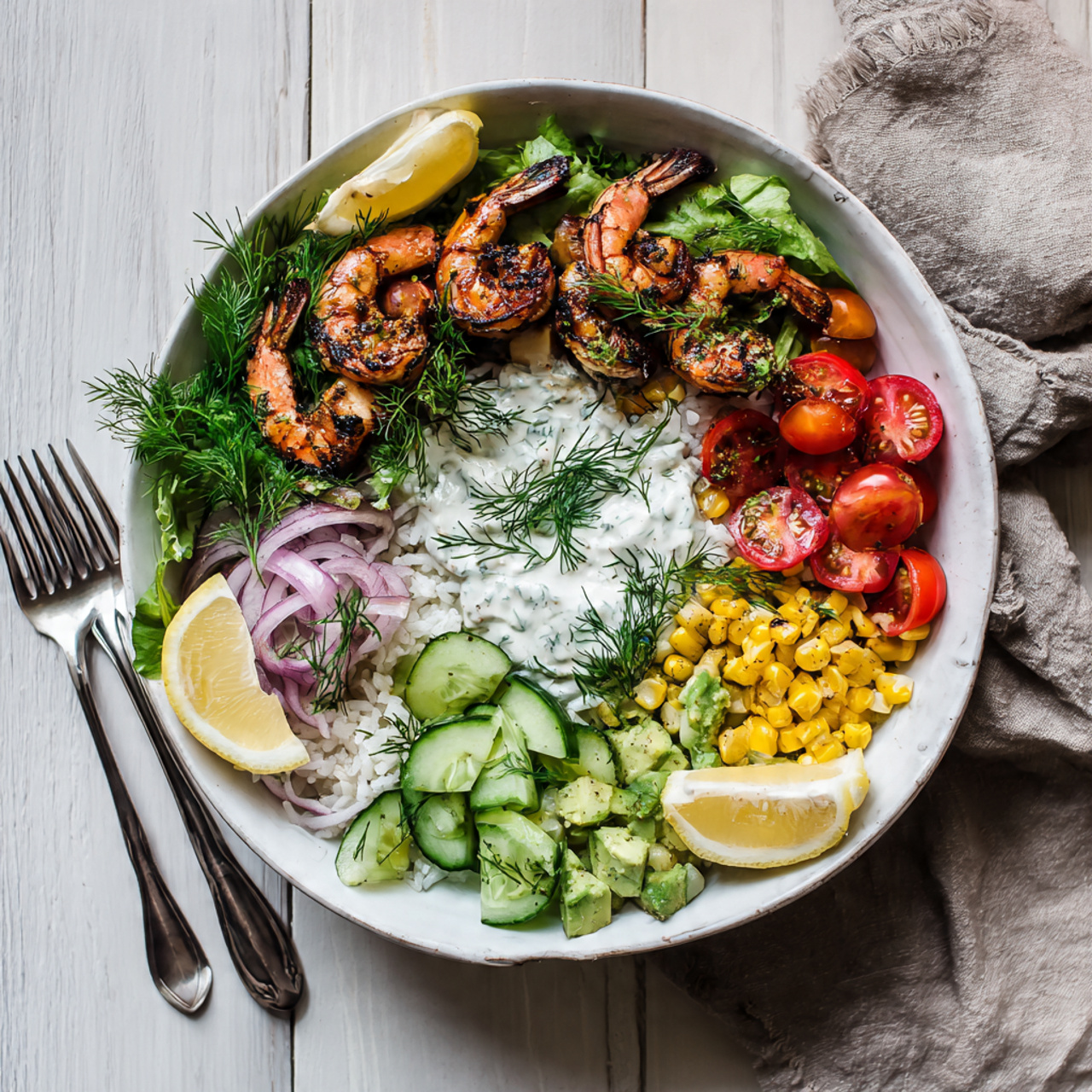 Grilled Shrimp Bowl Recipe with Creamy Garlic Sauce - Complete Healthy Meal