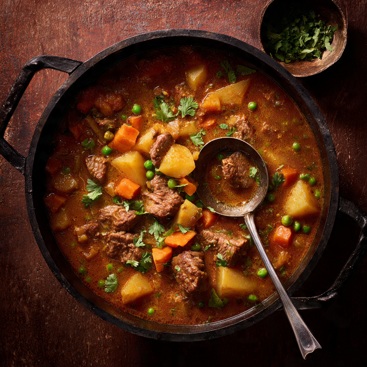 Overhead view of a bowl of Caribbean lamb stew with tender meat, carrots, potatoes, and peas in a rich coconut broth, garnished with cilantro.
