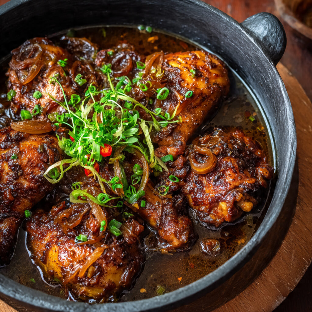 A bowl of rich brown stew chicken with carrots and potatoes in a savory gravy, garnished with scallions.