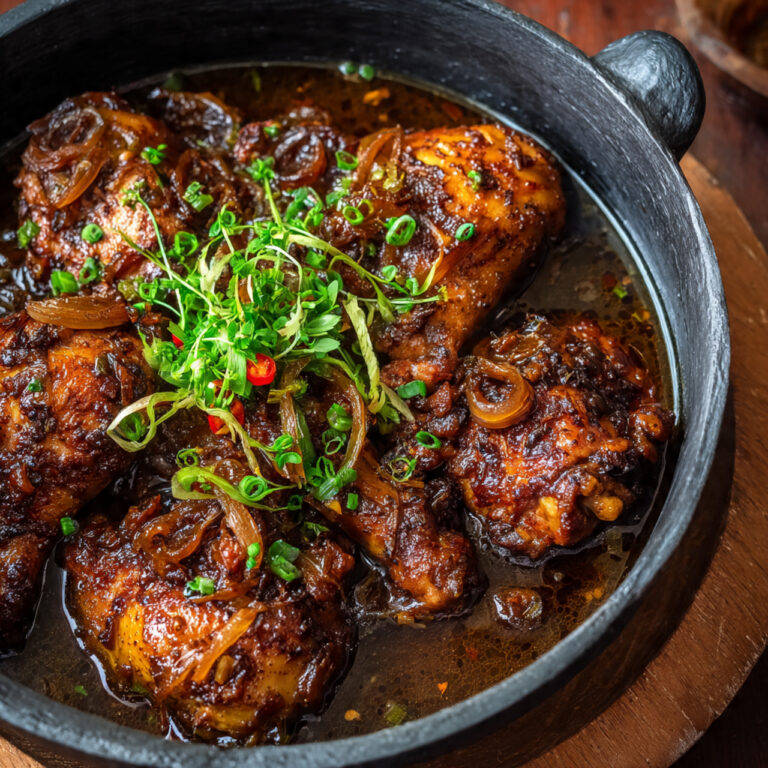 A bowl of rich brown stew chicken with carrots and potatoes in a savory gravy, garnished with scallions.