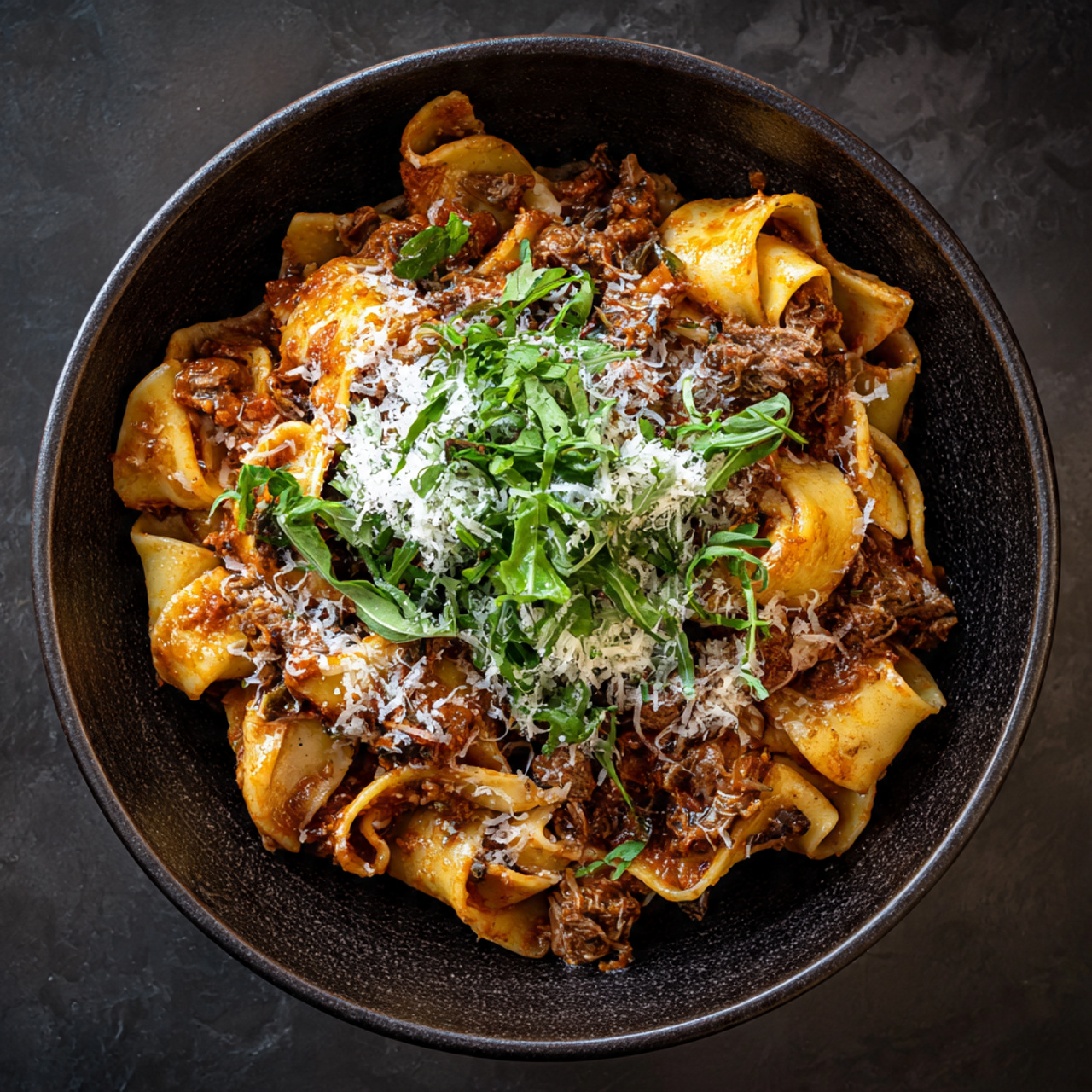 A close-up photo of a bowl of finished Lmab Ragu, featuring pappardelle pasta coated in a rich, meaty sauce with grated Parmesan and basil.
