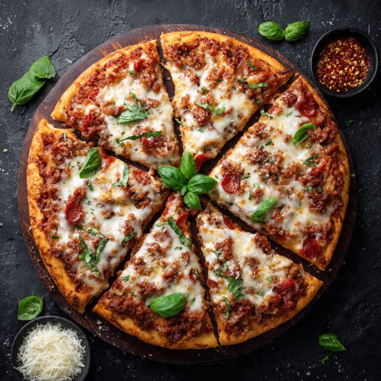 A sliced low-carb pizza with a golden ground chicken crust topped with melted cheese, pepperoni, and fresh basil on a wooden board.