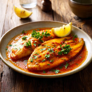 Tilapia in Roasted Pepper Sauce served on a ceramic plate with golden-seared tilapia, smoky red pepper sauce, fresh parsley, and lemon wedge in Mediterranean style.