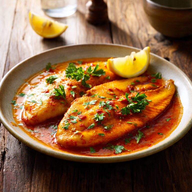 Tilapia in Roasted Pepper Sauce served on a ceramic plate with golden-seared tilapia, smoky red pepper sauce, fresh parsley, and lemon wedge in Mediterranean style.