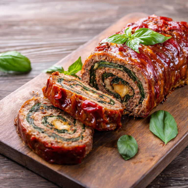 A sliced stuffed Italian meatloaf on a wooden board, showing a spiral of cheese, spinach, and sun-dried tomatoes.
