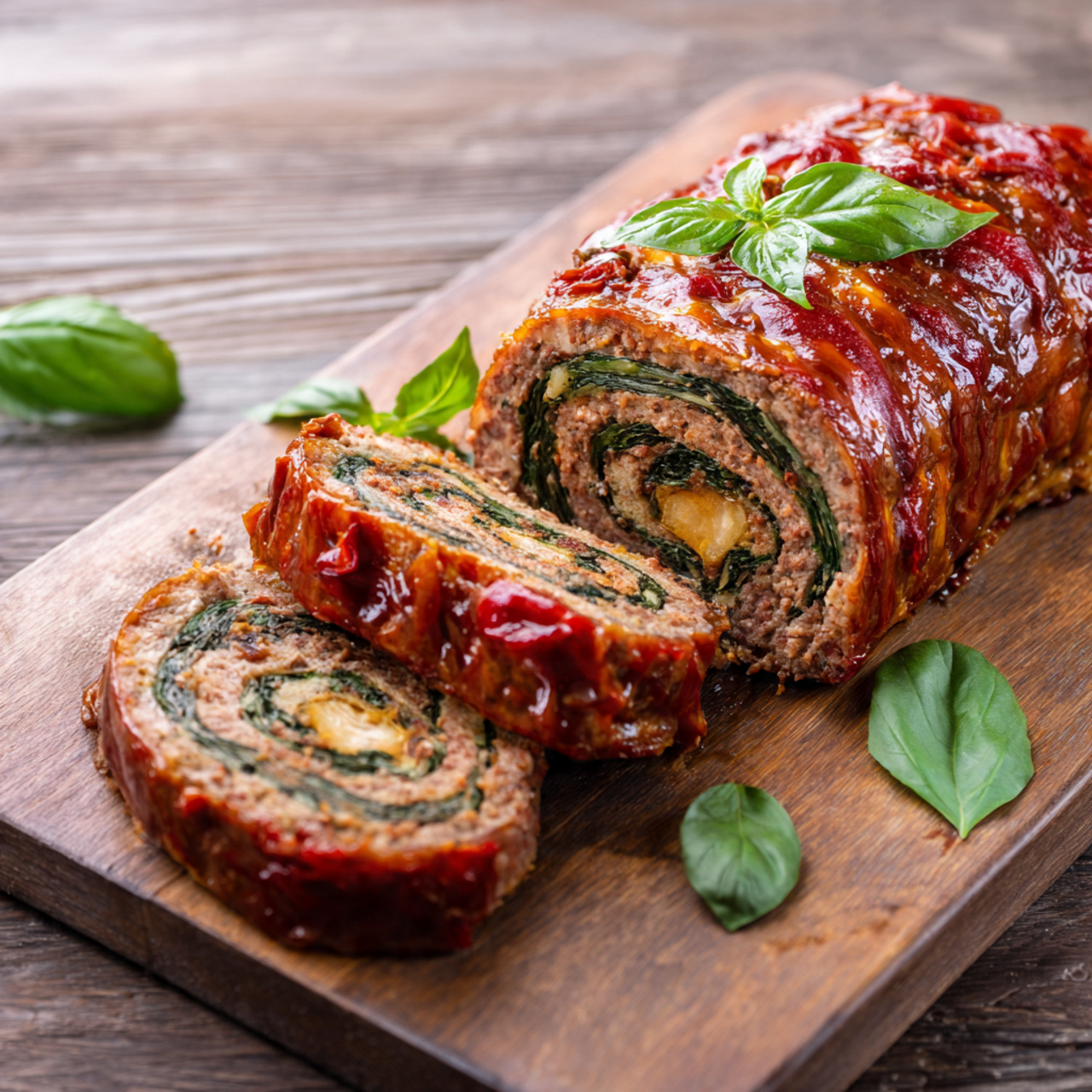 A sliced stuffed Italian meatloaf on a wooden board, showing a spiral of cheese, spinach, and sun-dried tomatoes.