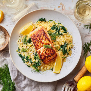 Perfectly Cooked Salmon with Lemon Orzo