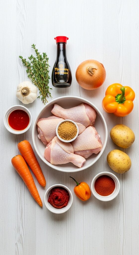 Overhead flat-lay of ingredients for brown stew chicken including chicken pieces, brown sugar, thyme, carrots, potatoes, and bell pepper.