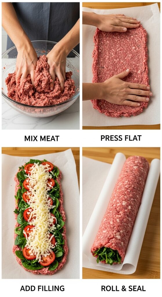 Four-panel collage showing steps: mixing meat, pressing it flat, adding filling, and rolling it into a log.