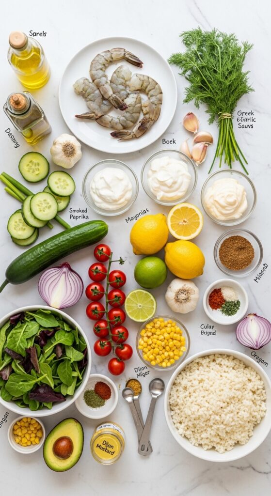 Fresh Ingredients for Grilled Shrimp Bowl Recipe with Creamy Garlic Sauce