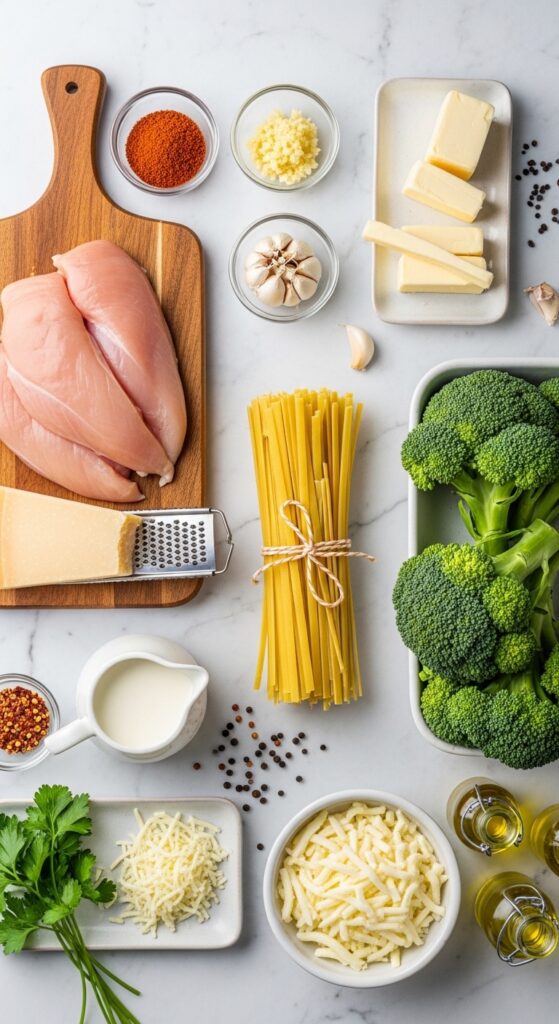 Fresh Ingredients for Cajun Chicken Alfredo with Garlic Butter Broccoli
