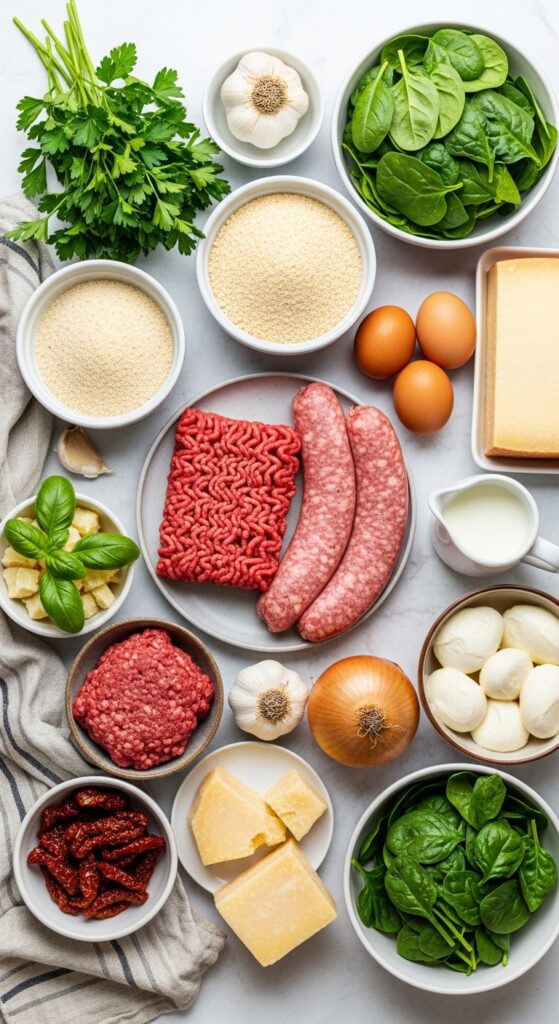 Flat-lay of ingredients for stuffed meatloaf including ground meat, cheeses, breadcrumbs, herbs, spinach, and sun-dried tomatoes.