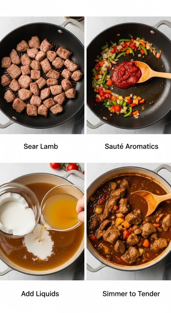 Four-image collage showing the steps to make Caribbean lamb stew: searing meat, sautéing vegetables, adding liquid, and the finished simmer.