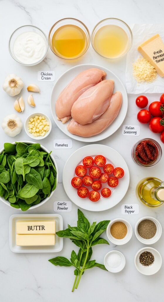 Fresh Ingredients for Creamy Tuscan Chicken with Spinach & Cherry Tomatoes