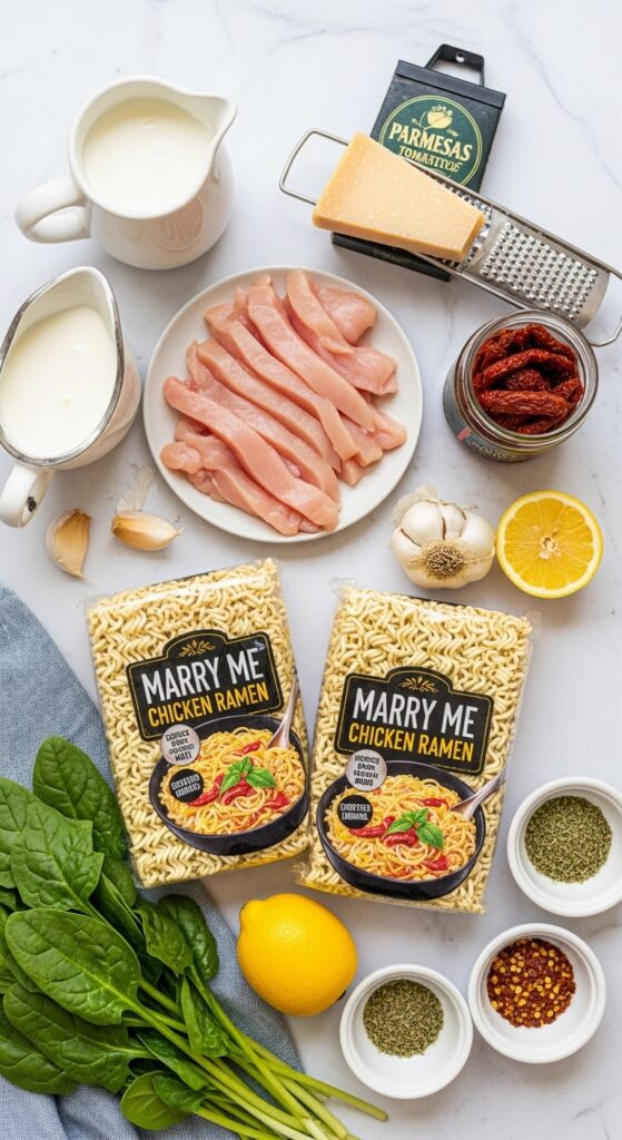 Flat-lay of ingredients for Marry Me Chicken Ramen including ramen packets, chicken breast, cream, parmesan, sun-dried tomatoes, and spinach.