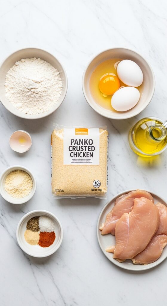 Ingredients for panko crusted chicken including panko breadcrumbs, flour, eggs, chicken, and spices.