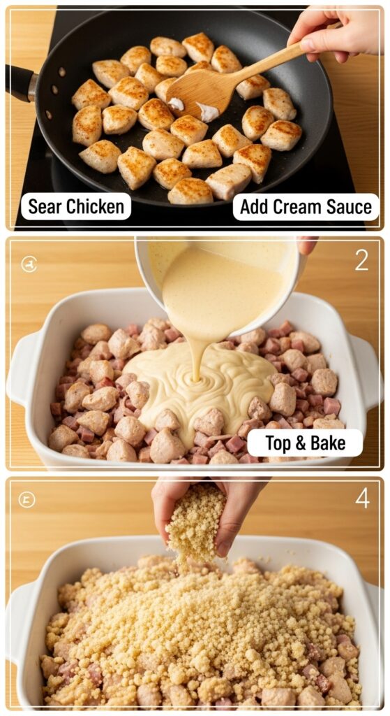 Three-panel collage showing steps: searing chicken, adding creamy sauce, and topping the casserole before baking.