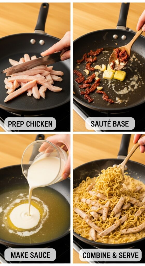 Flat-lay of ingredients for Marry Me Chicken Ramen including ramen packets, chicken breast, cream, parmesan, sun-dried tomatoes, and spinach.