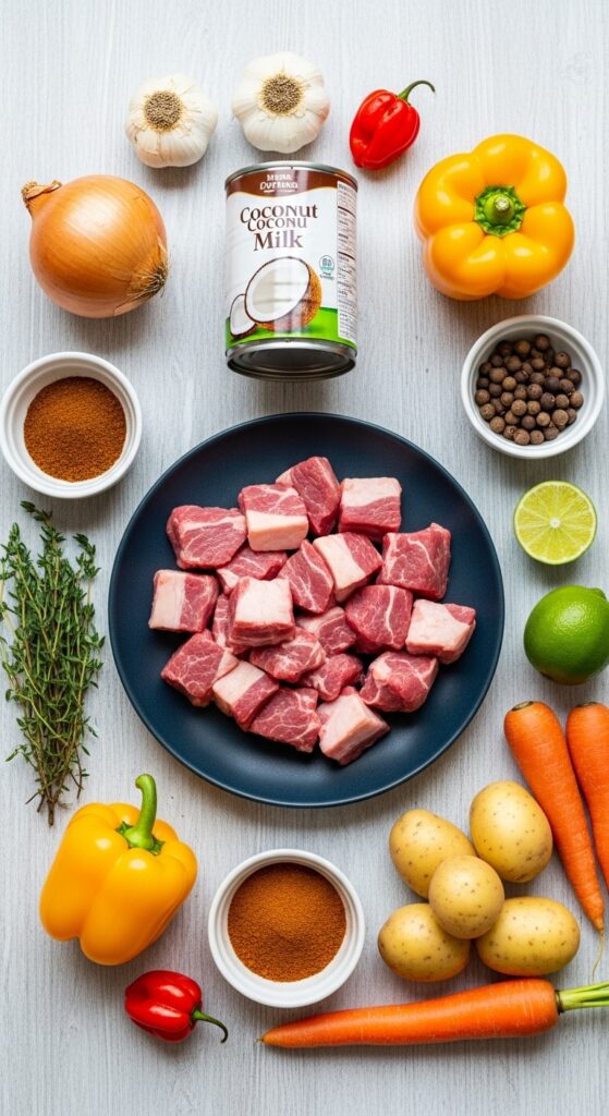 Flat-lay of ingredients for Caribbean lamb stew including lamb, coconut milk, allspice, thyme, carrots, potatoes, and Scotch bonnet pepper.