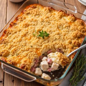 A scoop of creamy chicken cordon bleu casserole with ham, cheese, and a crispy breadcrumb topping in a baking dish.