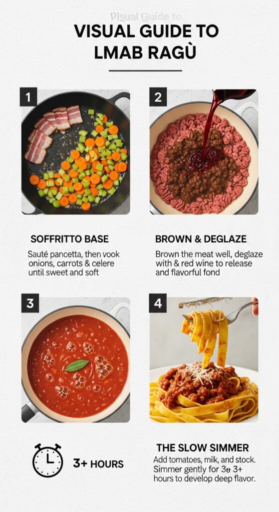 Infographic breaking down the four key steps to make Lmab Ragu: building the soffritto, browning the meat, the slow simmer, and finishing the dish.