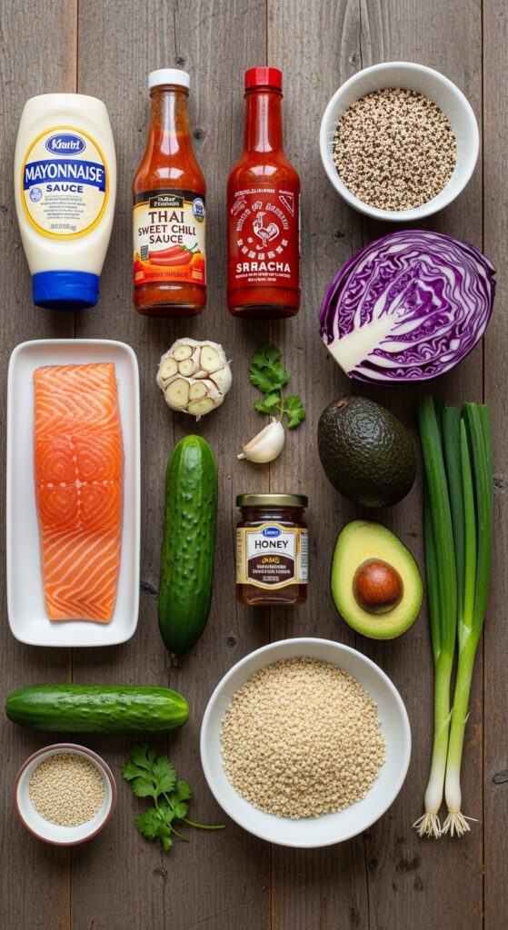 Bang Bang Salmon Bowls Ingredients Layout