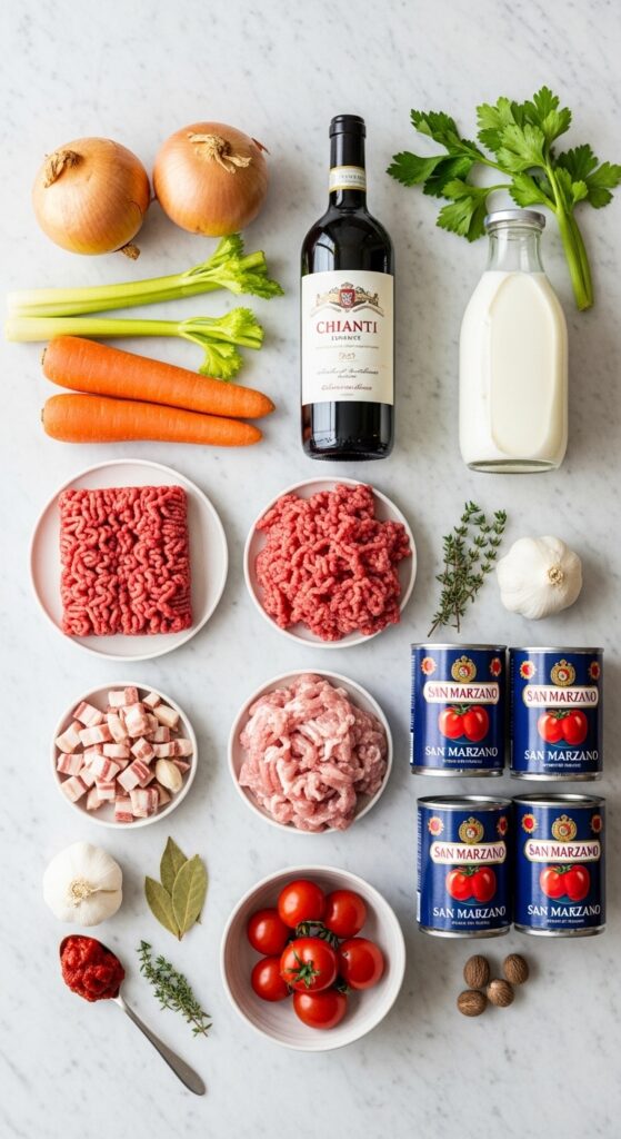Flat-lay photo showing all the fresh, raw ingredients needed to make homemade Lmab Ragu, including meats, vegetables, wine, and herbs.