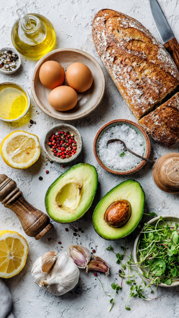 A bright, clean flat-lay photography shot of fresh ingredients arranged on a light marble countertop. In the center, two perfectly ripe Hass avocados cut in half showing their vibrant green flesh and large pits. Surrounding ingredients include farm-fresh brown eggs in a small ceramic bowl, a sliced artisan sourdough loaf, a small dish of red chili flakes, fresh lemons halved, a head of garlic, a small bottle of extra virgin olive oil, a ramekin of flaky sea salt, a pepper grinder, and fresh microgreens in a small dish. A wooden spoon and a fork rest nearby. Natural daylight from above, airy kitchen atmosphere, overhead angle, highly detailed, realistic food styling.