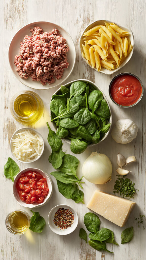 An overhead flat-lay photo of ingredients for making ground turkey spinach pasta, including lean ground turkey, fresh spinach, penne pasta, canned tomatoes, onion, garlic, and Parmesan cheese.