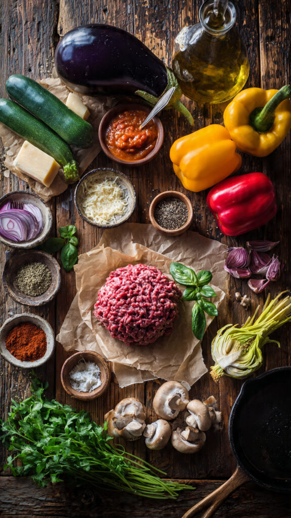 Fresh Ingredients for Cheesy Beef Skillet with Roasted Veggies