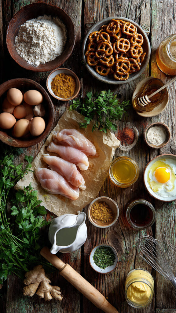 The ultimate crowd-pleaser: Crunchy Pretzel Chicken with creamy honey mustard dip, ready in just 30 minutes