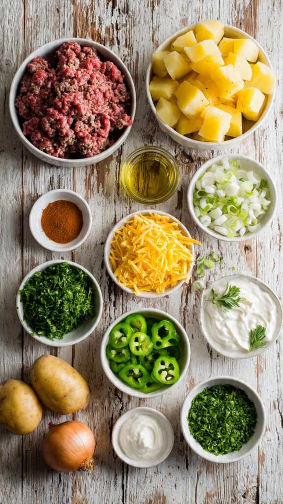Fresh Ingredients for Cheesy Beef & Potato Skillet One-Pan Comfort Dinner
