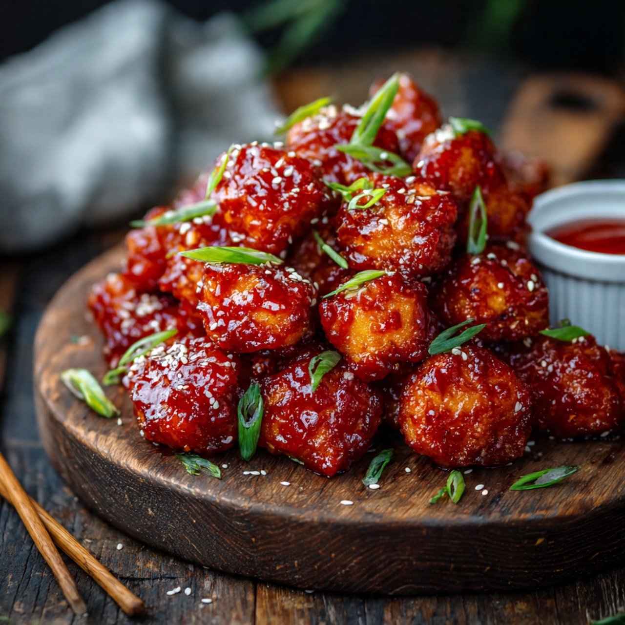 Sticky Honey Sriracha Chicken Bites on Wooden Board