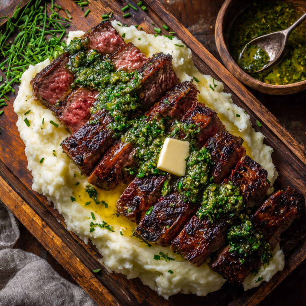 Chimichurri Steak with Garlic Mashed Potatoes on Wooden Board