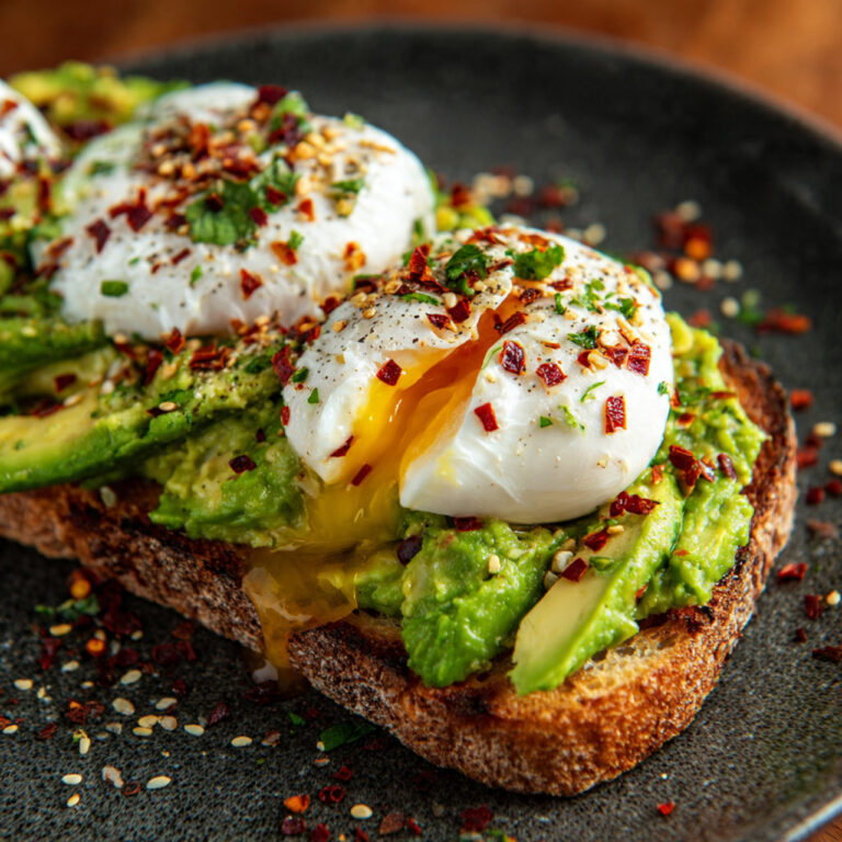 Perfect Avocado Toast with Poached Egg & Chili Flakes on Wooden Board