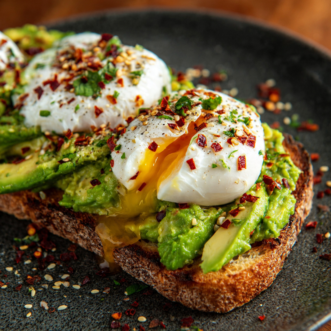 Perfect Avocado Toast with Poached Egg & Chili Flakes on Wooden Board
