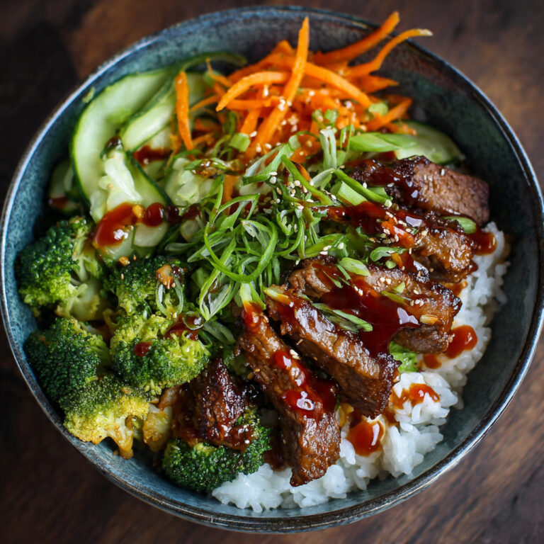 Beef & Veggie Rice Bowl with Teriyaki Sauce in Ceramic Bowl