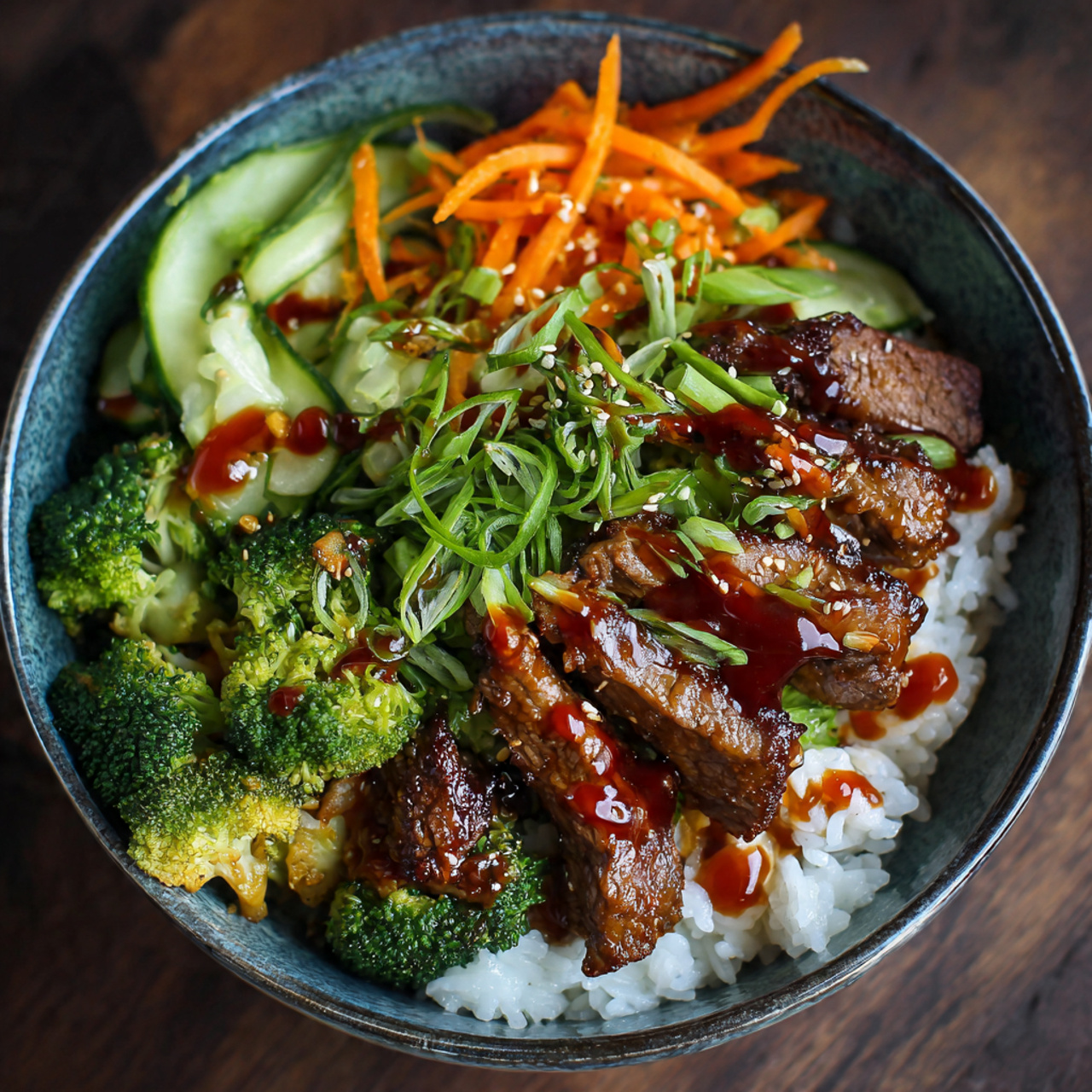 Beef & Veggie Rice Bowl with Teriyaki Sauce in Ceramic Bowl