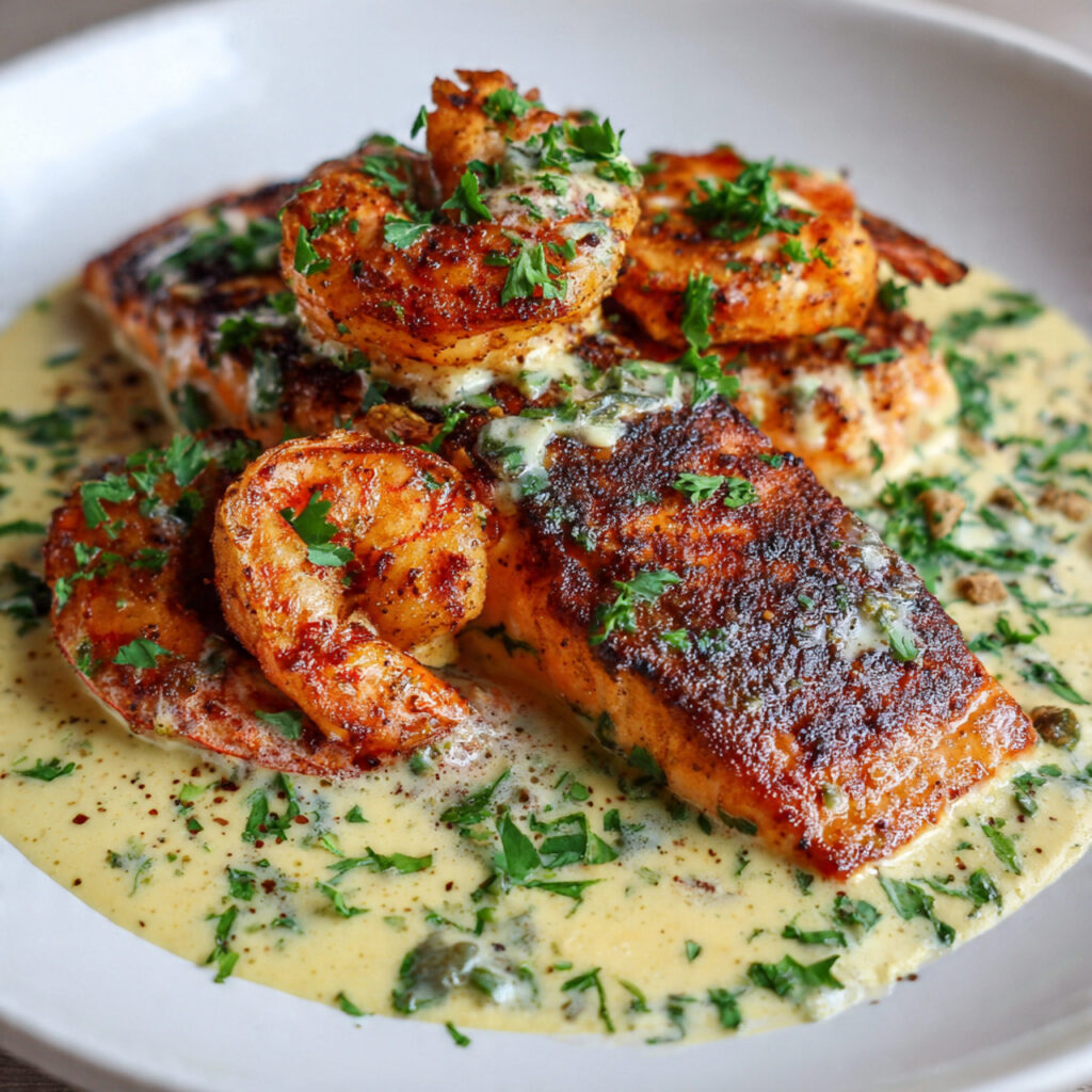 Salmon and shrimp in creamy sauce.